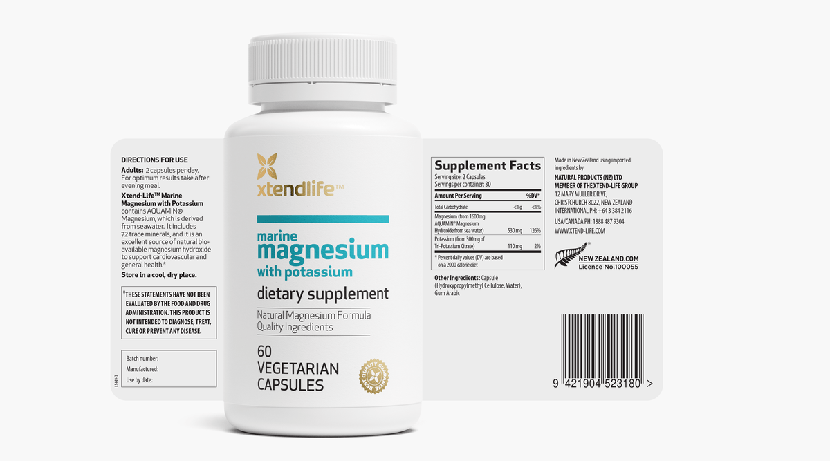 The nutritional label for Marine Magnesium with Potassium