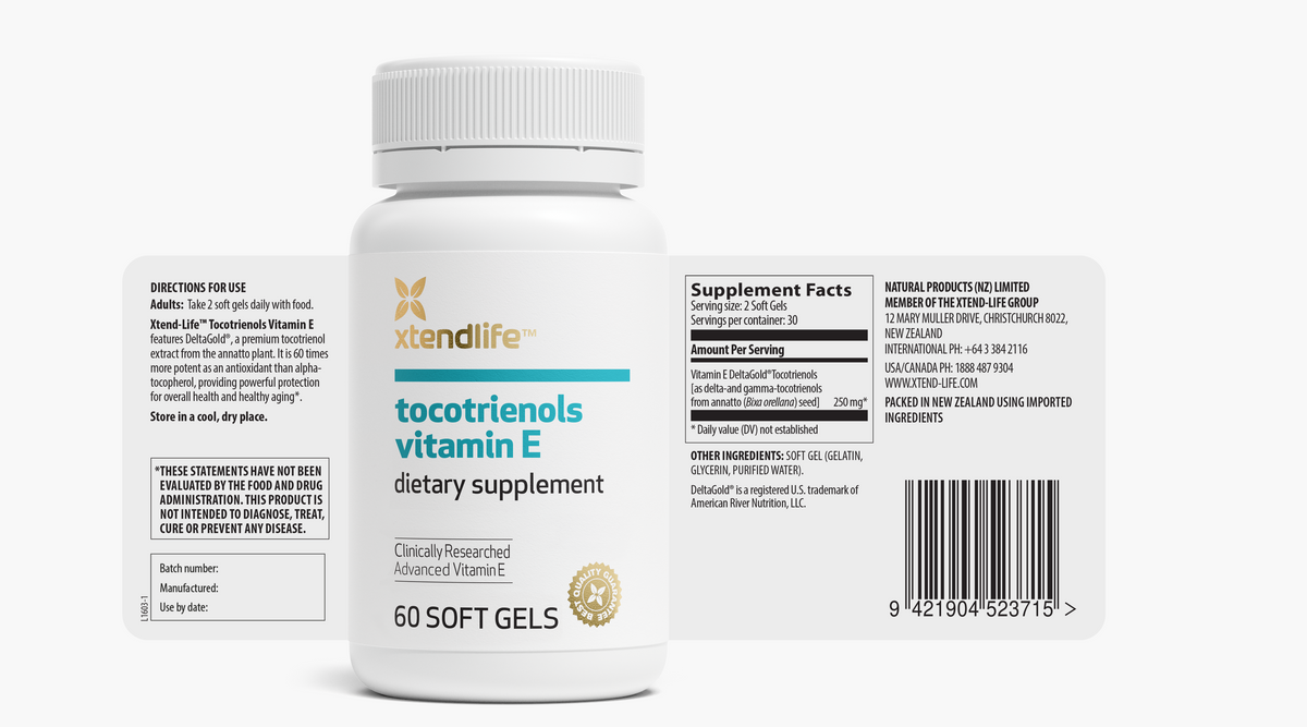 The nutritional label for Tocotrienols Vitamin E